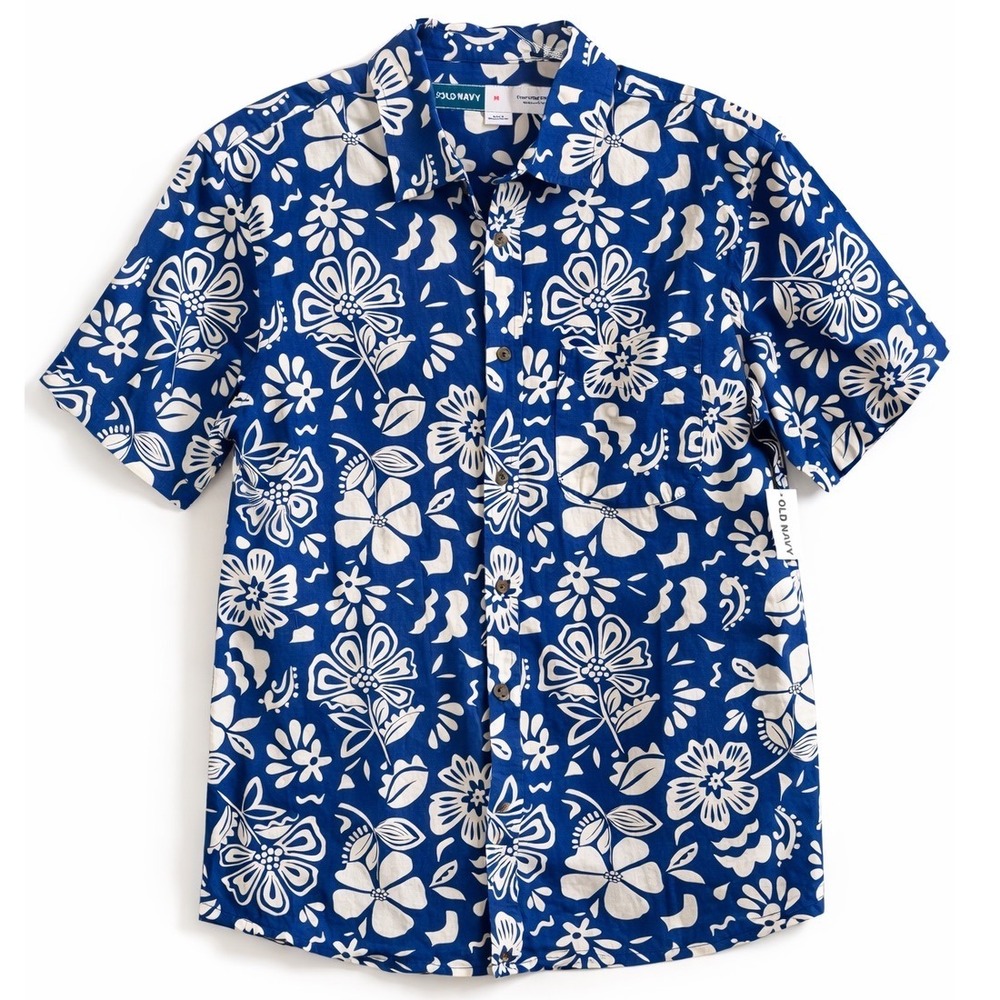 Old Navy Mens Everyday Shirt Regular Fit Blue White Floral Tropical Print NWT M - Picture 1 of 7